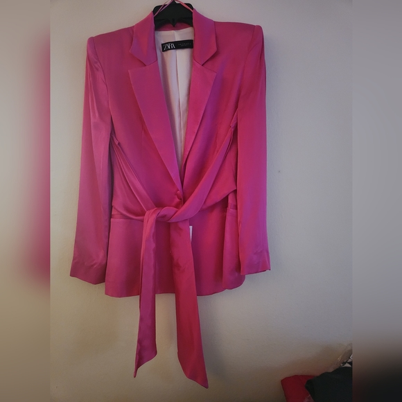 Zara satin effect blazer front tie sz M fuschia/pink BNWT - Picture 6 of 7
